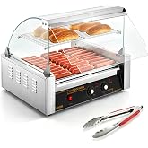 VEVOR Hot Dog Roller, 30 Hot Dog Capacity 11 Rollers, 1800W Stainless Steel Cook Warmer Machine w/Cover &amp; Dual Temp Control, LED Light &amp; Detachable Drip Tray, Sausage Grill Cooker for Kitchen Canteen