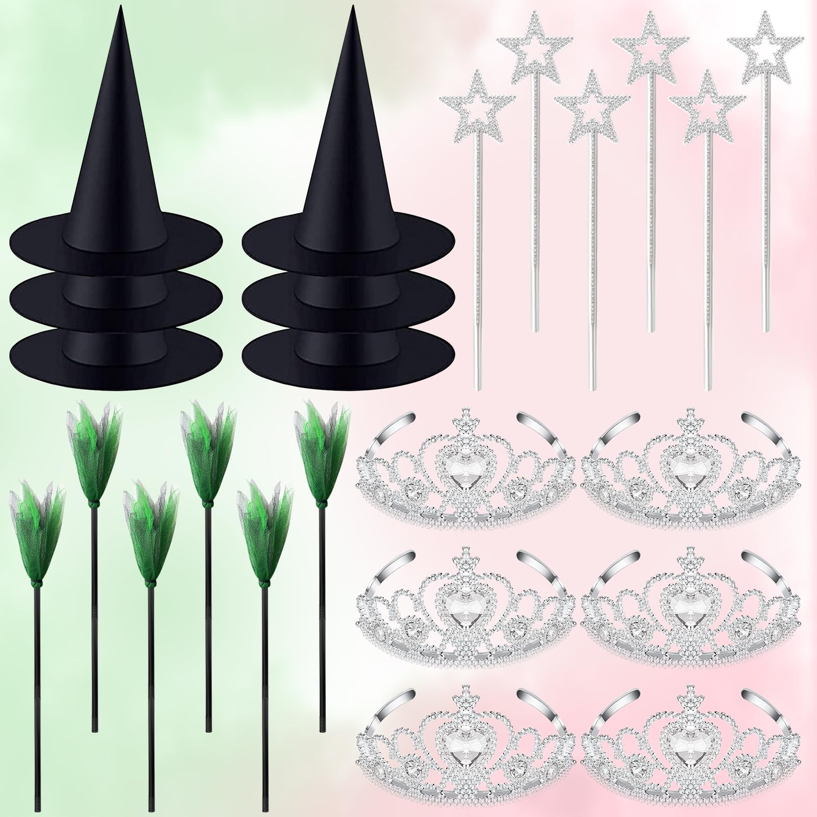 View 1 of ** PARTIAL SET ** Yoloodayy 24 Pcs Witch Hats Brooms and Princess Crowns Star Wands Set Glitter Princess Accessories for Adults Witch Party Supplies Christmas Pink Green Party Decor Photo Props