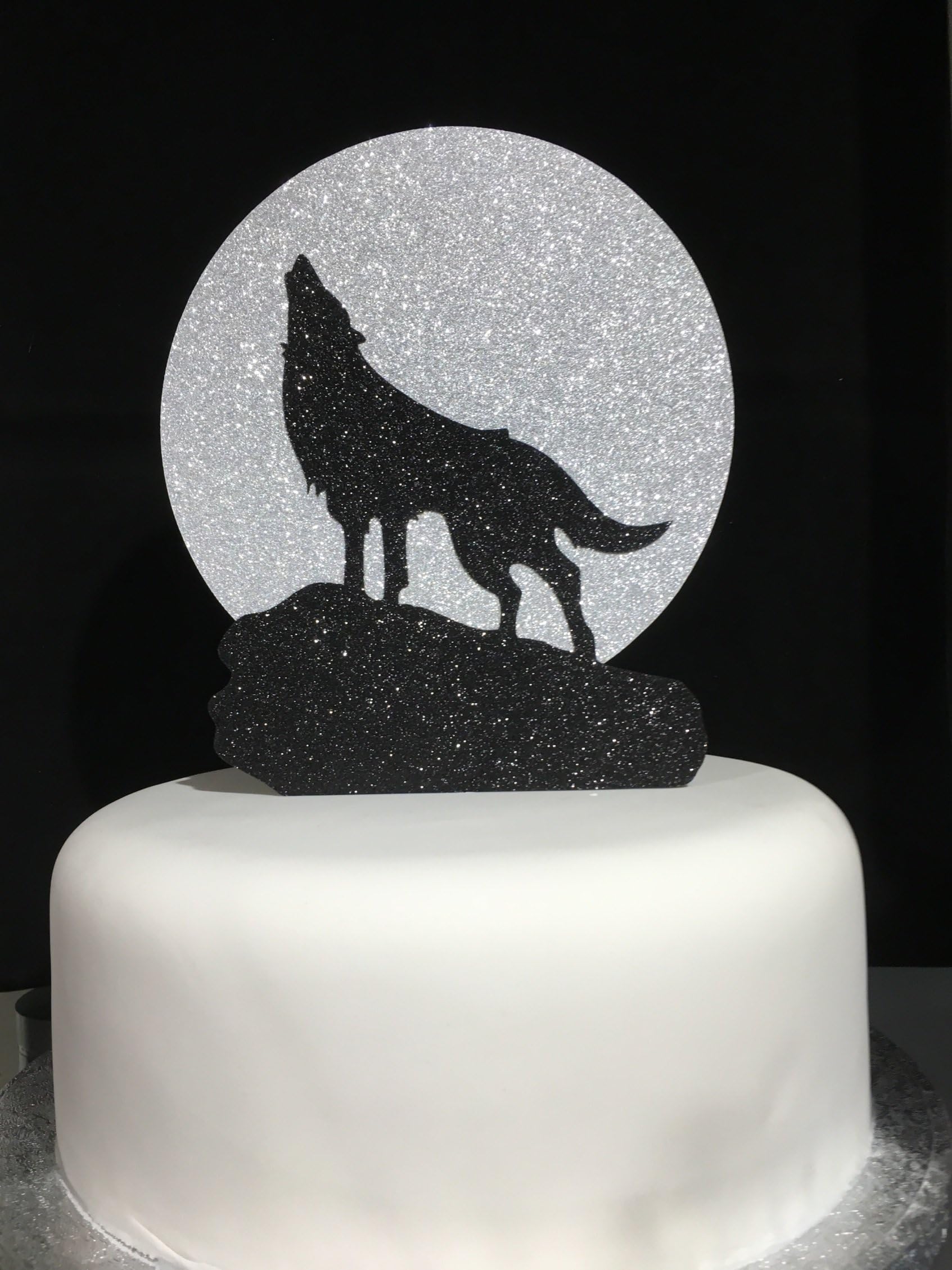 Wolf and Moon - Glitter Card Silver/Black (2 Colour) - 16cm Tall Cake Pick Topper for Large Cakes (Not Edible)