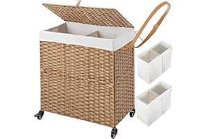 Greenstell Laundry Hamper with Wheels, No Install Needed, 110L Divided Handwoven Hampers & 2 Removable Liner Bags, Synthetic Rattan Clothes Laundry Basket with Lid & Handles, Foldable Hampers Natural