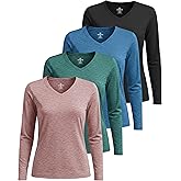 Real Essentials 4 Pack: Women's Long Sleeve Dry Fit V-Neck T-Shirt - Active Athletic Workout Gym Top (Plus Available)