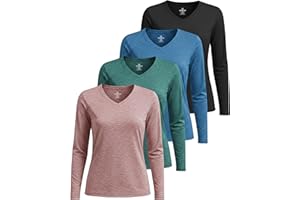 Real Essentials 4 Pack: Women's Long Sleeve Dry Fit V-Neck T-Shirt - Active Athletic Workout Gym Top (Plus Available)