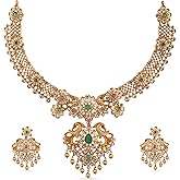 TARINIKA Antique Gold Plated Vira Short Necklace Set with Floral Design - Indian Jewelry Sets for Women | Perfect for Ethnic Occasions | Traditional South Indian Necklace | 1 Year Warranty*
