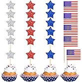 220 Pcs American Flag Patriotic Cupcake Toppers 4th of July Double Sides Glitter Star Cupcake Toppers Cake Toppers Picks Independence Day Cupcake Party Decorations Supplies Favors, Blue Red Silver