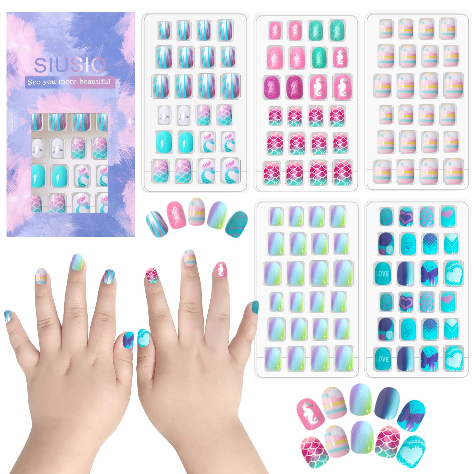 SIUSIO 120 Pcs 5 Pack Children Acrylic Fake Nails Press on Pre-glue Full Cover Glitter Gradient Color Rainbow Short False Nail Art Kits for Kids Little Girls - Mermaid Beach