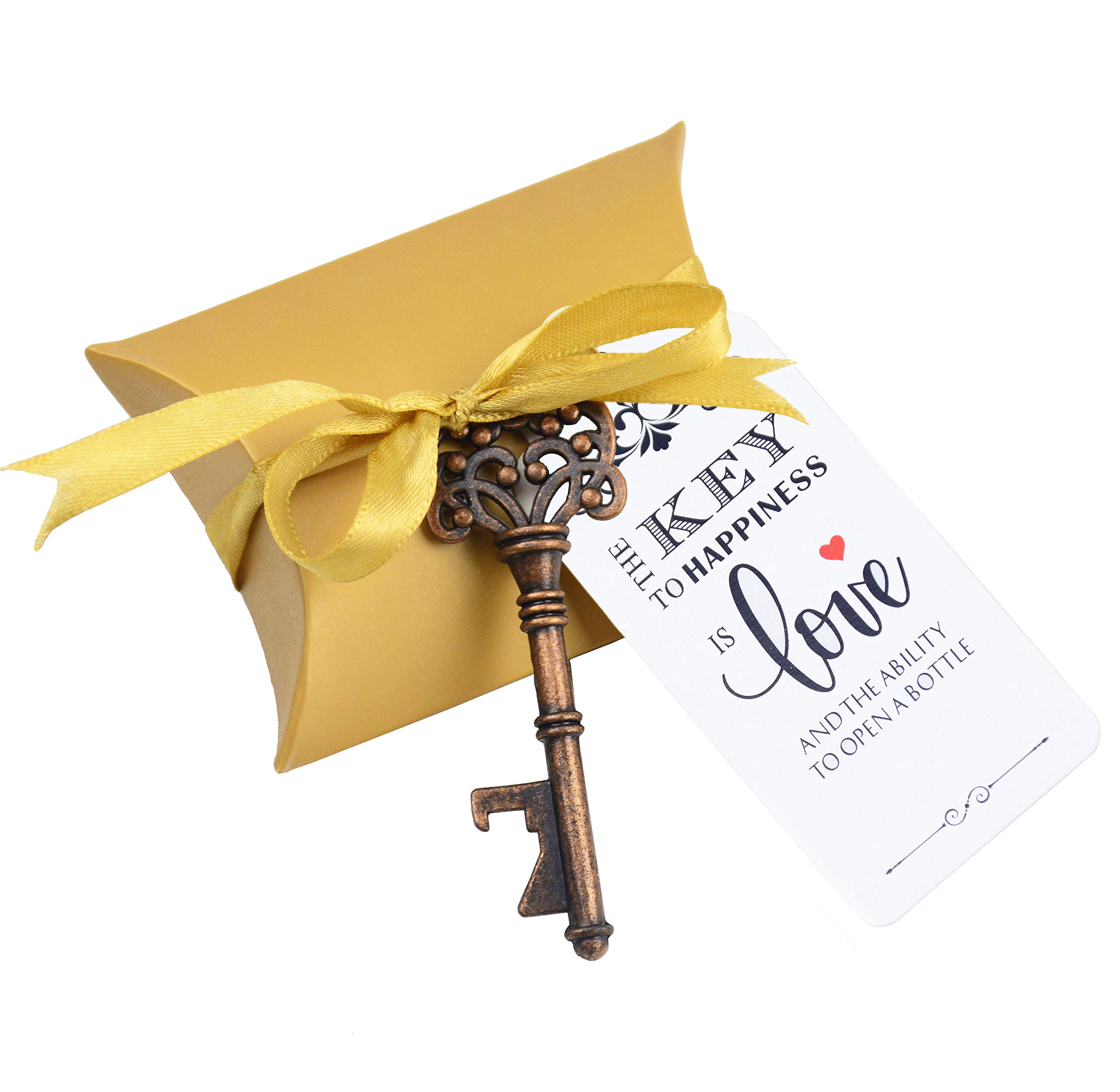 Makhry 50pcs Wedding Favours for Guests Key Bottle Openers Gift Set with Candy Box Gift Tag Silky Ribbon(Antique Copper)