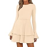 PRETTYGARDEN Womens Flared Long Sleeve Bodycon Mini Dress Formal Tiered Crewneck Slim Fit A Line Fall Short Cocktail Dresses