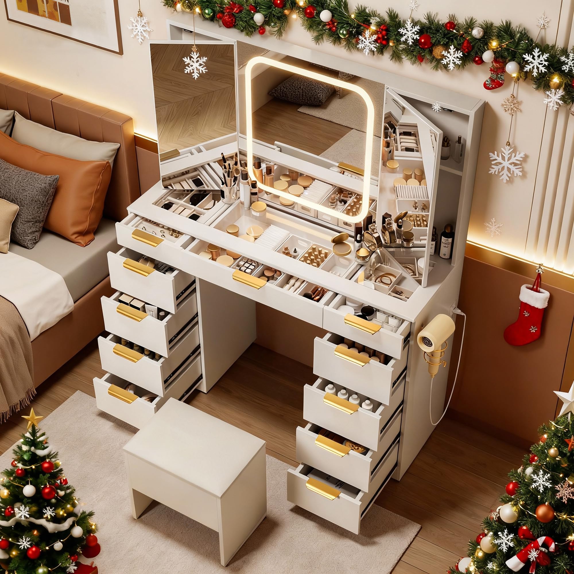 Photo 1 of ***Selling as Parts Only*** Glass Top Vanity Desk with Foldable Mirror and Lights, 11 Drawers Makeup Vanity with Charging Station, 3 Lighting Modes Dressing Table with Chair, White