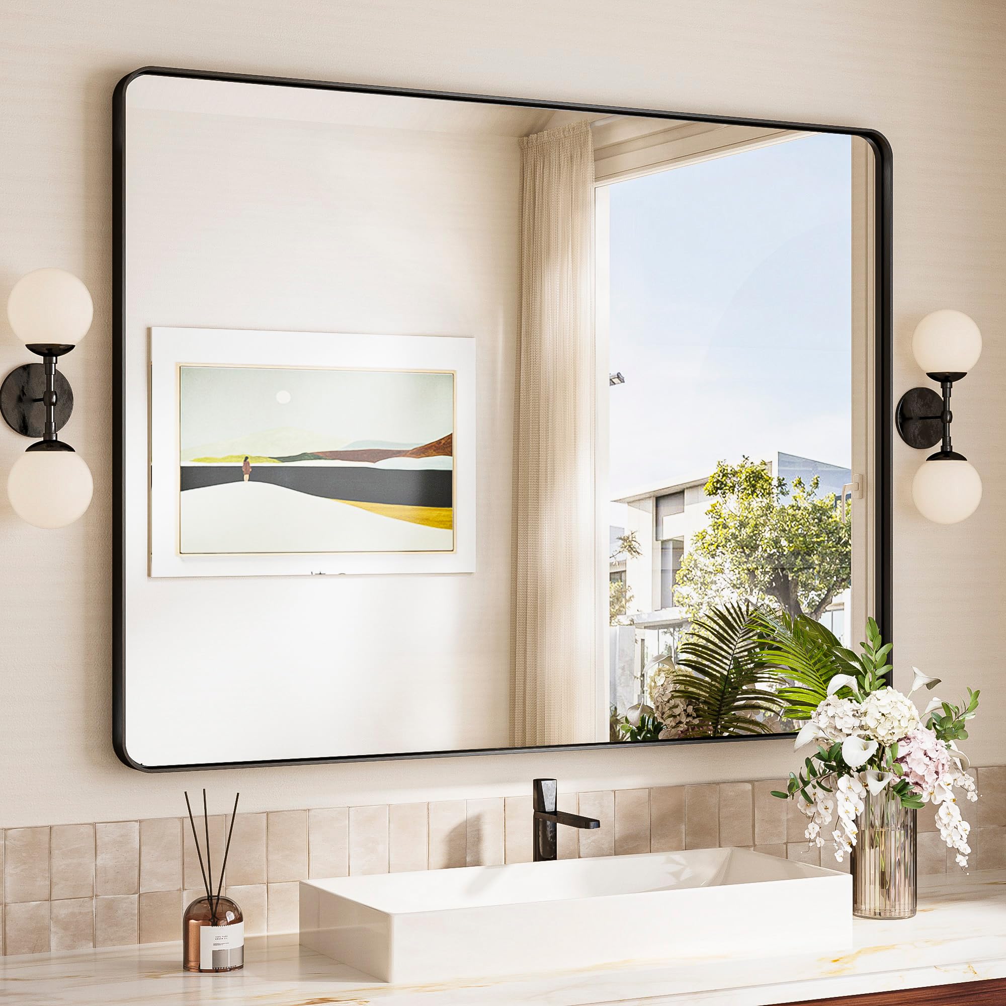 Photo 1 of TokeShimi 48x36 Black Bathroom Mirror for Over Sink,Tempered Glass,Rectangle Mirror for Bathroom,Large Bathroom Mirror for Vanity(Horizontal/Vertical)