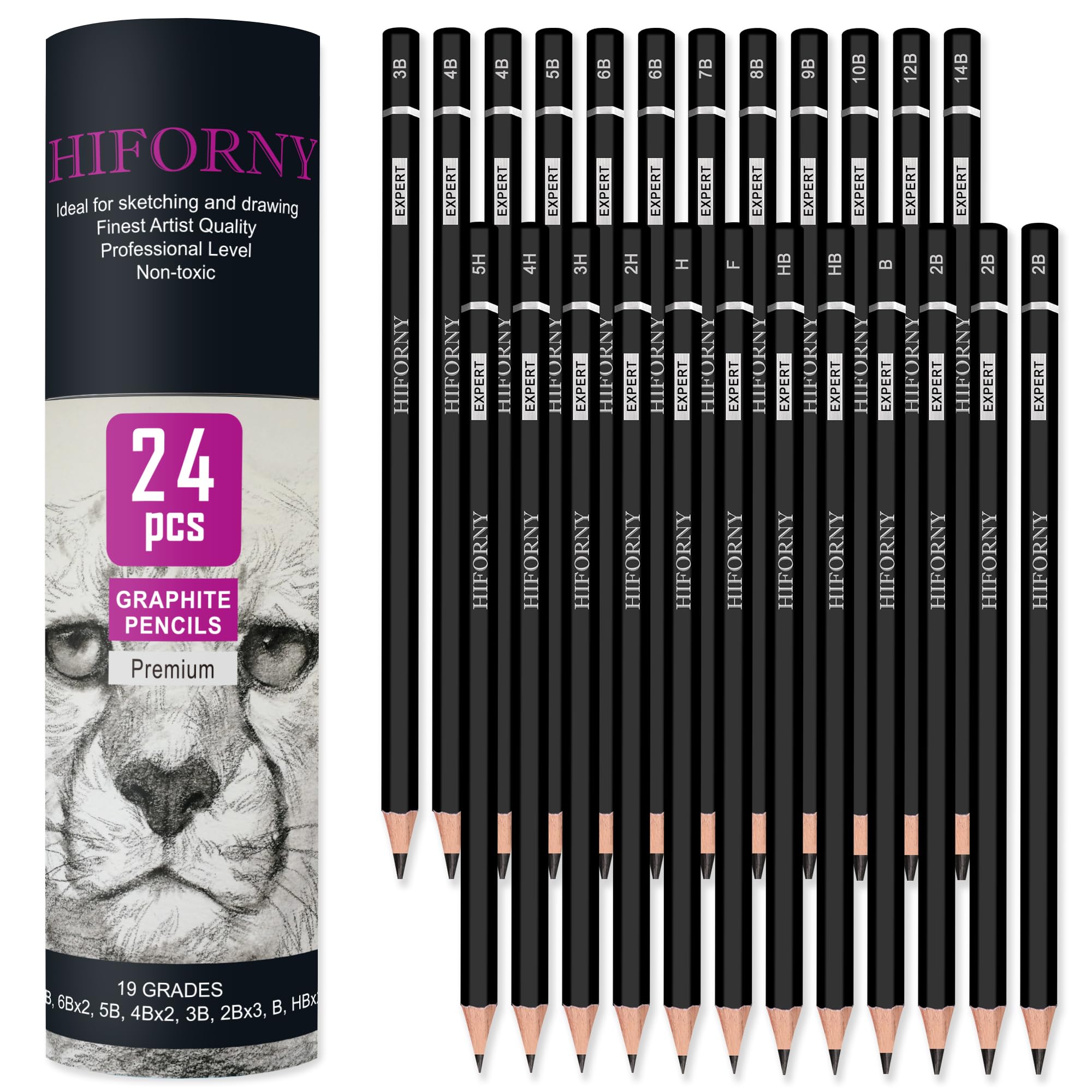HIFORNY 24-Piece Graphite Sketching Pencil Set - 14B-5H, 19 Grades