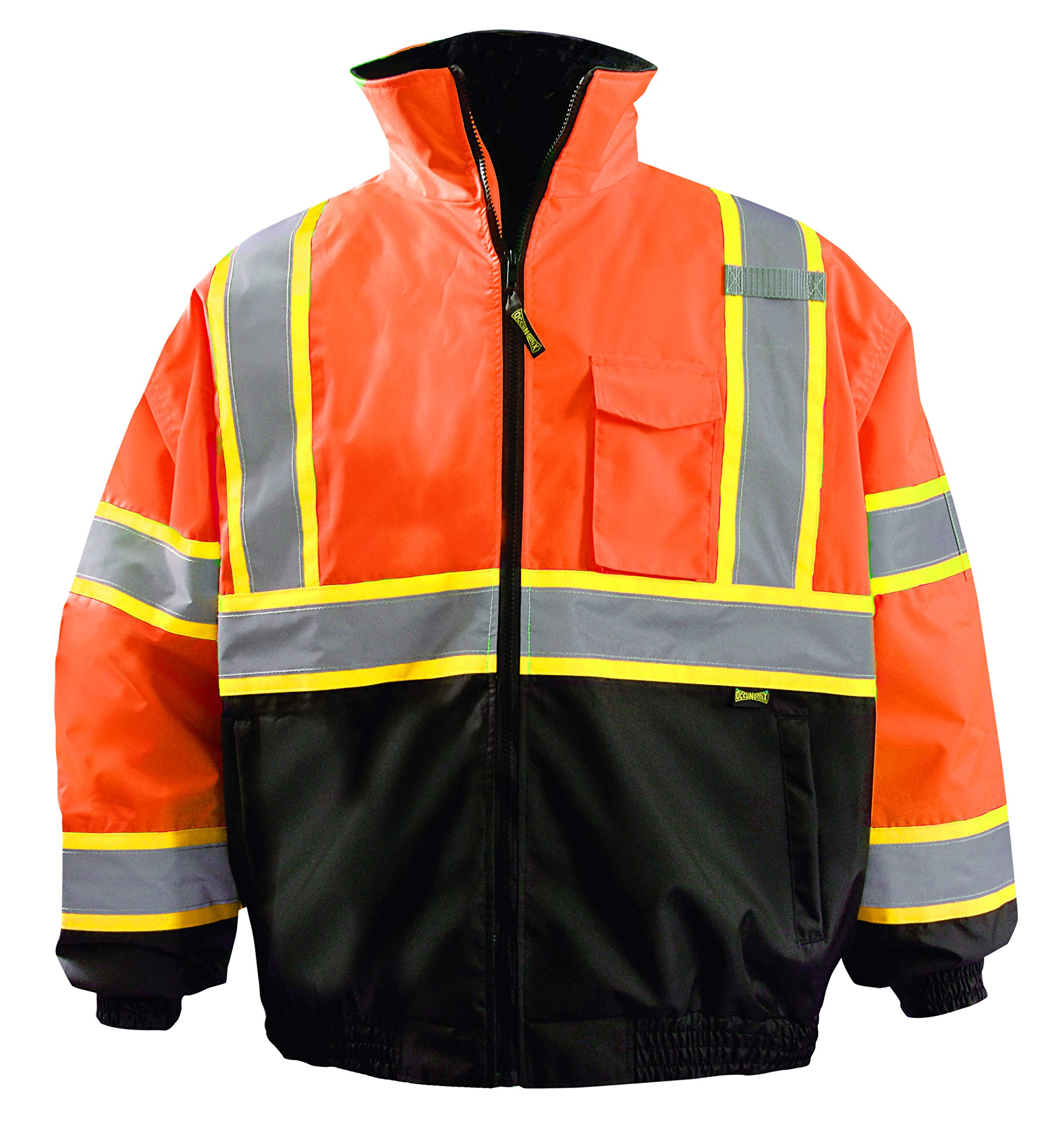 OccuNomix LUX-350-JB2-O5X High Visibility 2-in-1 Quilted Two-Tone Black Bottom X Back Bomber Jacket with Zip-Out Quilted Liner and 7 Pockets, Class 3, 100% ANSI Polyester, 5X-Large, Orange Image