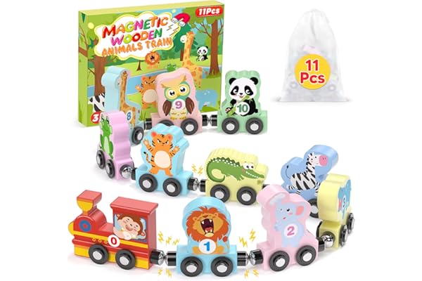 11 Pcs Magnetic Train Set Montessori Toys for 1 2 3 Years Old Toddlers Boys Girls, Wooden Animals Preschool Learning Easter B