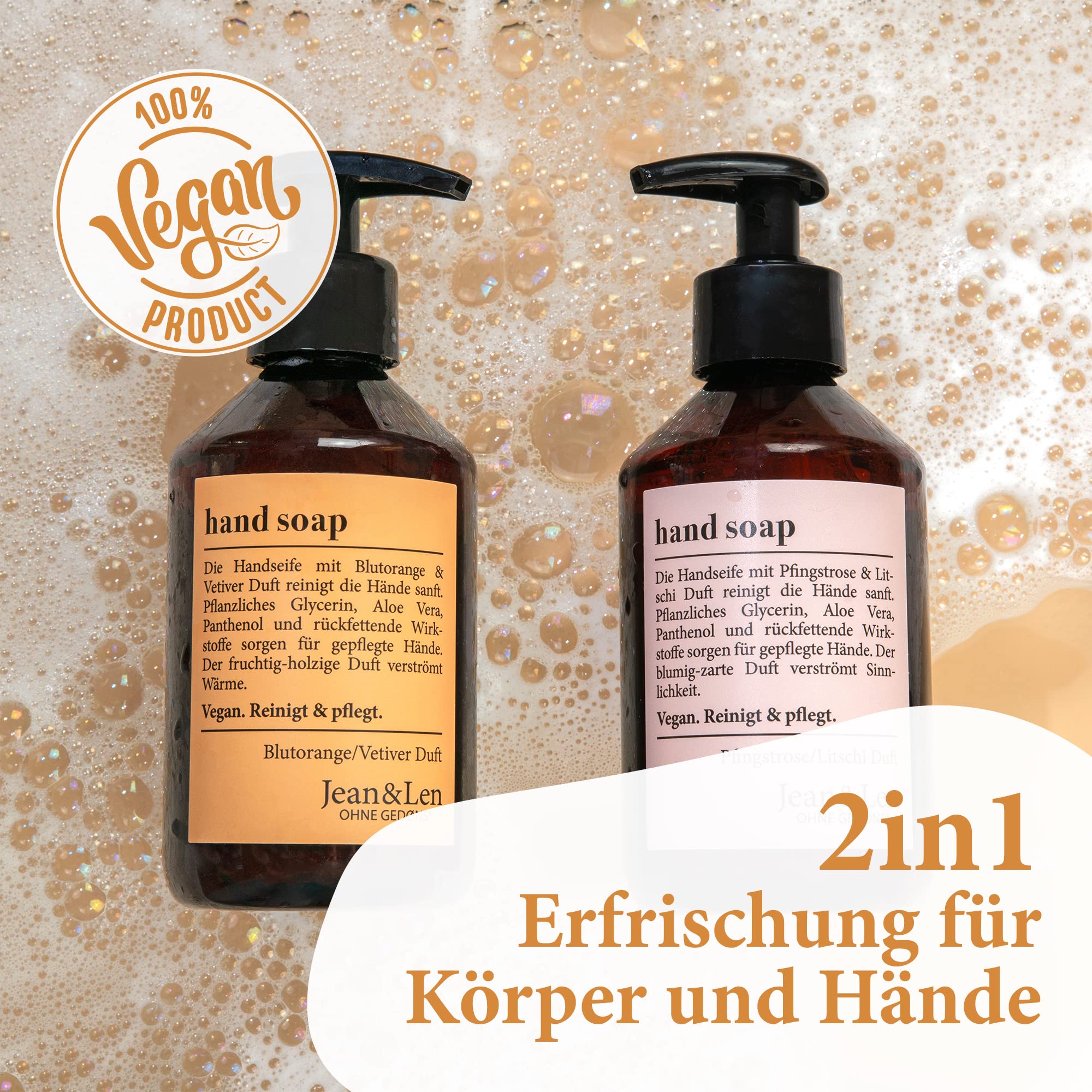 Jean & Len Handseife Blutorange & Vetiver, reinigt Hände sanft, Flüssigseife im Pumpspender für Reine und gepflegte Hände, fruchtig-holziger Duft, ohne Parabene & Silikone, vegan, 250 ml 4