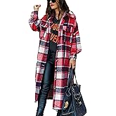 Omoone Women's Flannel Plaid Shacket Fall Oversized Long Button Down Shirt Jacket Shackets