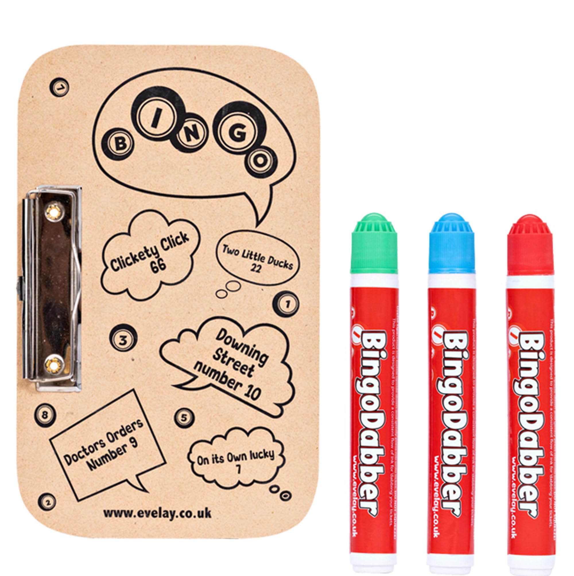 evelay Bingo Dabbers and Board Set - 3 Colourful Dabbers and 1 Game Board for Endless Bingo Fun