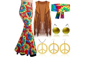 Haull 7 Pcs 60s 70s Disco Hippie Outfits for Women Halloween Costume Set Boho Flared Pants Fringe Vest Peace Sign
