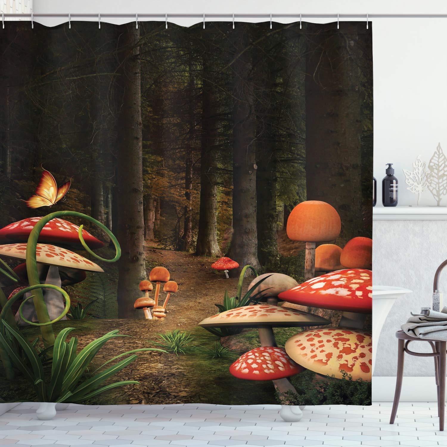 ABAKUHAUS Mushroom Shower Curtain, Mushrooms in Deep Dark Forest Fantasy Nature Theme Earth Path Mystical Image, Cloth Fabric Bathroom Decor Set with Hooks, 78 Inches, Red Green Brown