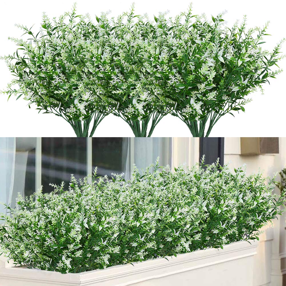 ArtBloom 24 Artificial Lavender Flowers UV Resistant No Fade Plastic Green for Hanging Plants Garden Porch Window Box Home Wedding Farmhouse Decoration (White)