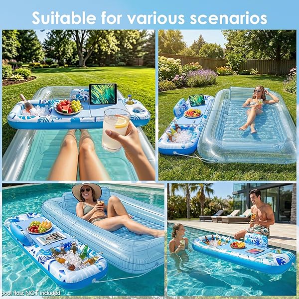 INFLATABLE TRAY FOR TANNING POOL FLOAT – 61″ L X 18″ W EXTRA LARGE TRAY WITH NON-SLIP AND COOLER CONTAINER, DESIGNED FOR SUNBATHING BED, TANNING LOUNGE & WATER BLOW UP, BALL PIT, PARTY GIFTS