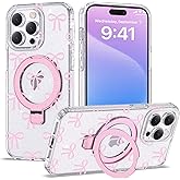 ETPESOK Compatible with iPhone 15 Pro Max Case Bow Pattern with Magnetic Ring Stand [Compatible with Mag-Safe] TPU Protective Phone Case for Women Girl, Clear Pink