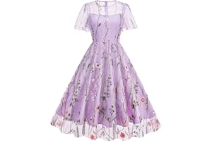 IWEMEK Women Mesh Floral Embroidery Vintage Cocktail Swing Dress Ruffle Sleeve Embroidered Floral Dress for Women Tulle Prom Dress