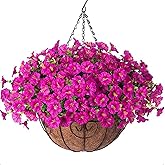 Artificial Fake Hanging Flowers Plants Baskets for Outdoor Spring Summer Decoration, Faux Silk Morning Glory in Planter UV Resistant Realistic for Home Outside Porch Patio Balcony Garden Yard, Fuchsia