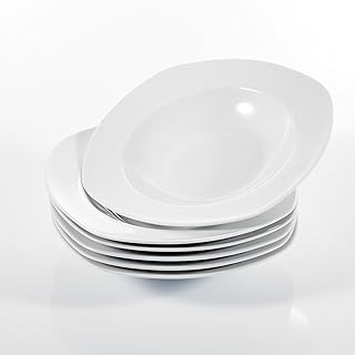 MALACASA, Serie Elisa, 6 teilig Set 8,5" Porzellan Suppenteller 21,5x21,5x4cm Tiefteller CremeWeiß Tiefer Teller Tafelservice für 6 Personen