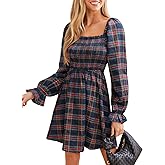 CUPSHE Women's Red Plaid Ruffle Cuff Fall Dress Square Neck Long Puff Sleeve Smocked Bodice Casual Mini Autumn Dresses