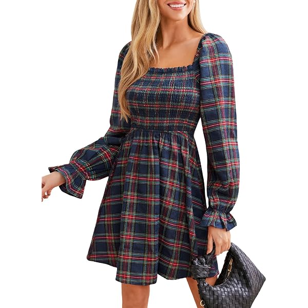 gingham christmas dress Women Christma Dress Plaid Square Neck Lace Trim Puff Sleeve Babydoll Mini Dress  Gingham Ruffle Tiered Flowy Dress (Green, S) at Amazon Women's Clothing  store