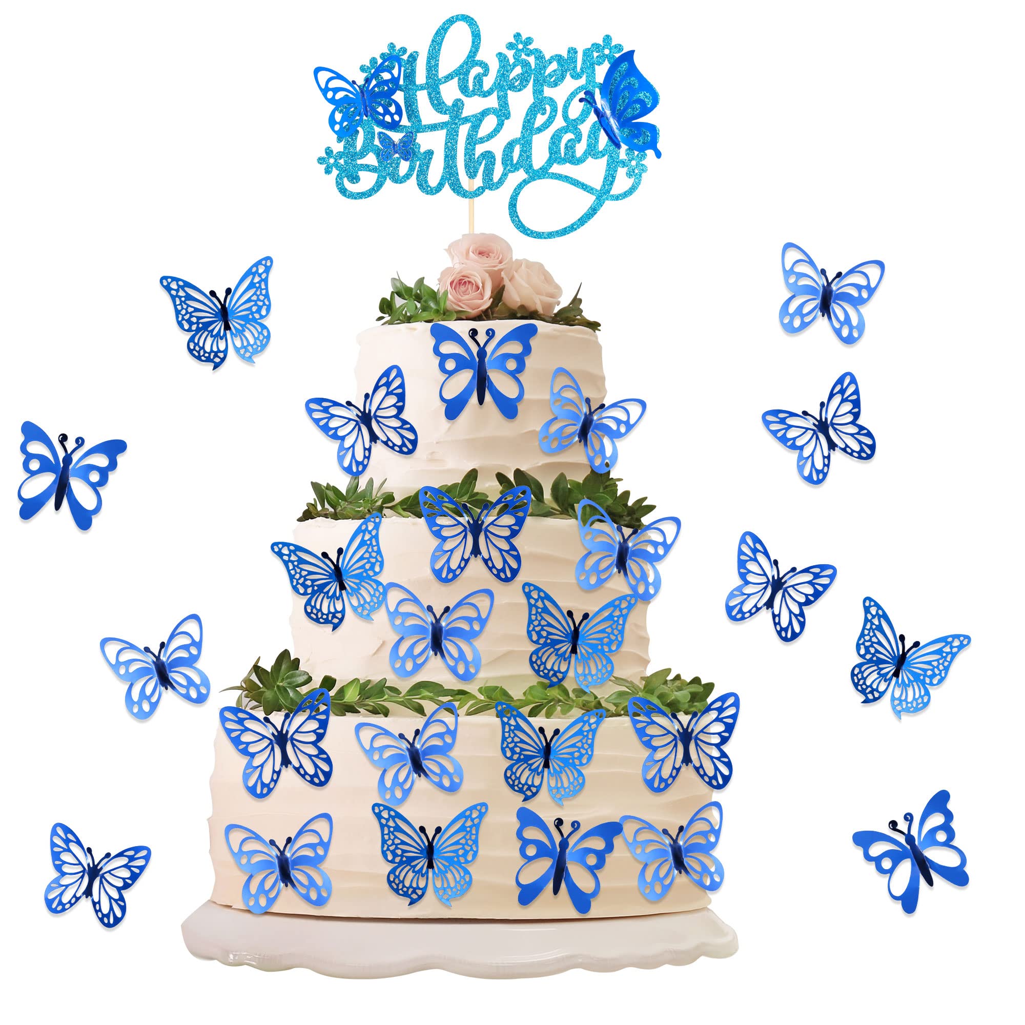 Photo 1 of 25Pcs Butterfly Cake Toppers - 3D Happy Birthday Cake Decorations for Baby Shower and Party Supplies - Blue