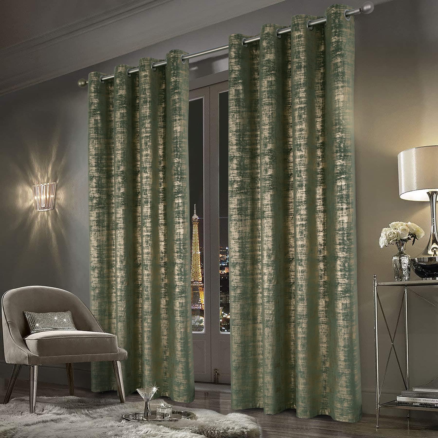 always4u Soft Velvet Curtains 100% Blackout Window Treatments Energy Efficiency for Bedroom Gold Foil Printed Shining Luxury Curtain Drapes 1 Pair Sage Green 46 * 72 — image 1