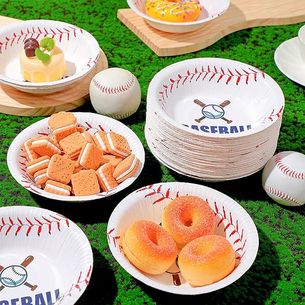 RIMCEREAL 100 PCS 16OZ BASEBALL PARTY SUPPLIES DISPOSABLE PAPER PLATES BOWLS FOOD NACHO TRAY FOR BASEBALL BIRTHDAY DECORATIONS