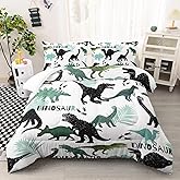 AILONEN Dinosaur Twin Kids Bedding Set,Black and Green Dinosaur Comforter Set All Season,Tropic Leaves and Roaring Dinosaur Silhouette Printed Soft Comforter with 2 Pillowcases for Boys
