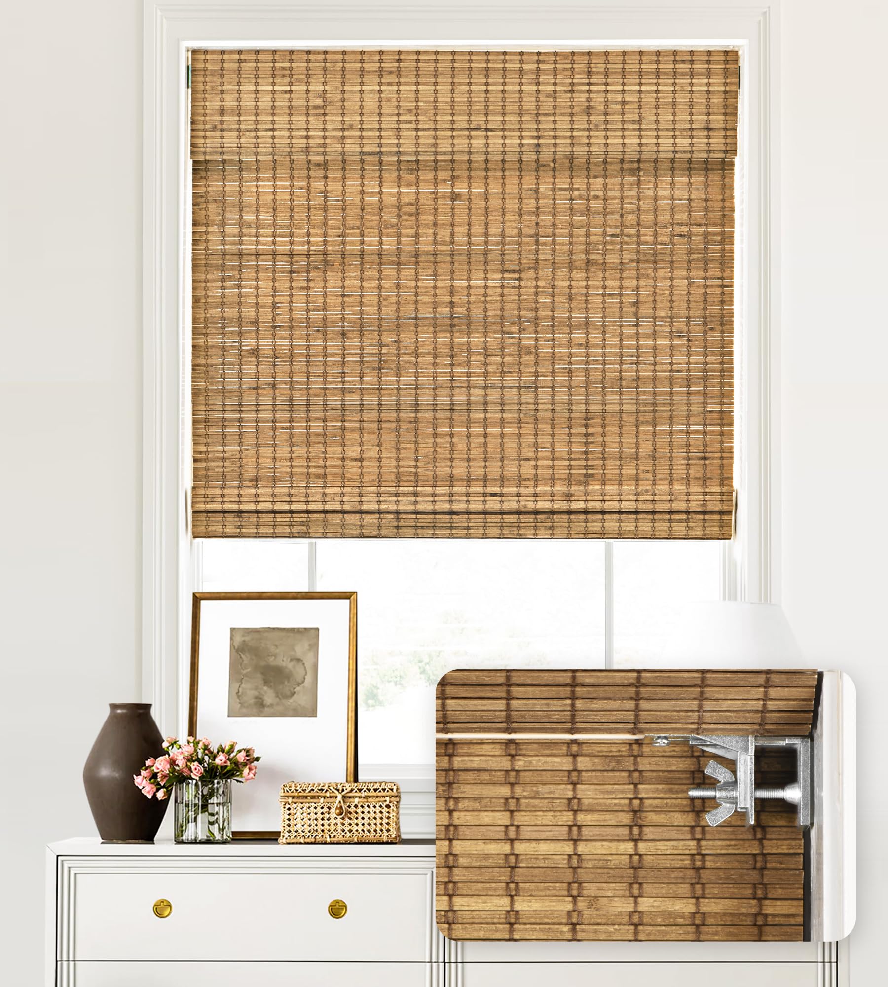 Photo 1 of LazBlinds No Tools No Drill Cordless Bamboo Roman Shades, Light Filtering Window Treatment, Roll Up Bamboo Blinds for Windows 35'' W x 48'' H, Eastfield Teak