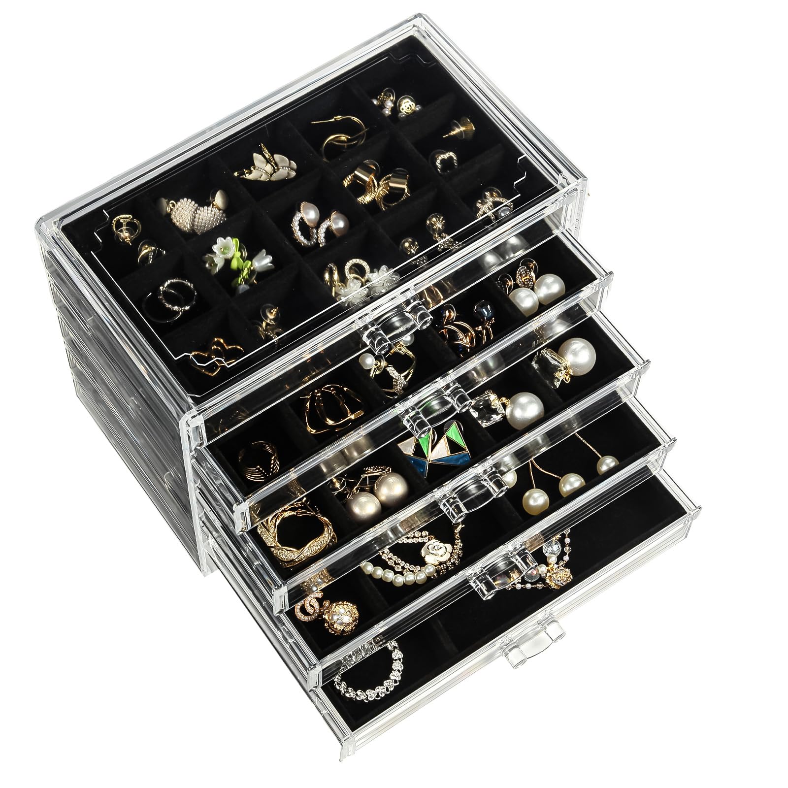 Photo 1 of 5 Drawers Clear Jewelry Box for Women and Girls, Acrylic Earring Holder Organizer Ring Holder Display Storage, Black