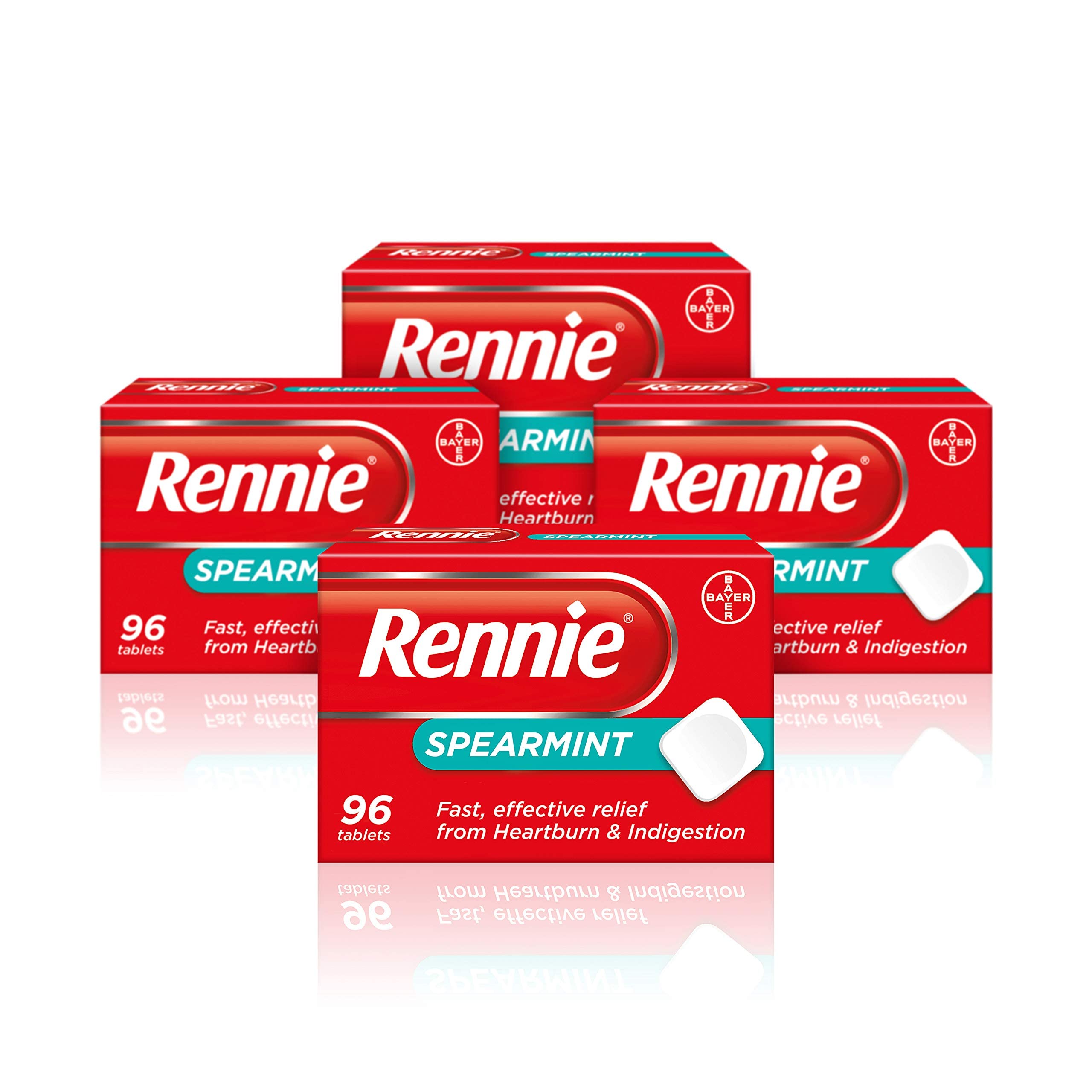 Rennie Antacids, Spearmint Flavour Heartburn Relief and Indigestion Tablets, Fast and Effective Relief for Acid Reflux, 4 Packs of 96 Tablets
