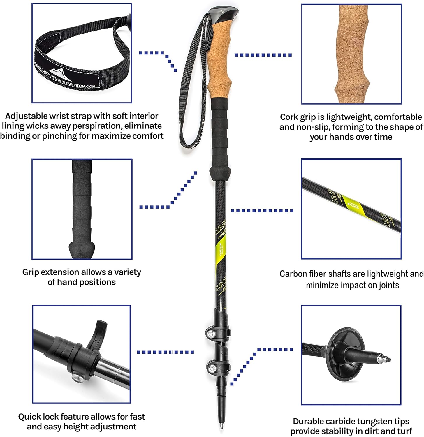 Cascade Mountain Tech Trekking Poles - Carbon Fiber Strong Adjustable Hiking or Walking Sticks - Lightweight Quick Adjust Locks - 1 Set (2 Poles), Green : Clothing