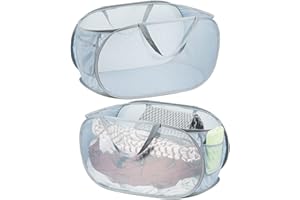 QBILY 2 Pieces Collapsible Pop up Mesh Laundry Baskets, Mesh PopUp Laundry Hampers with Side Pockets, Foldable Clothes Basket Durable, Breathable, Save Space, for Laundry Room Bathroom,Dormitory Travel,Grey