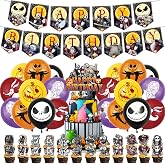 60pcs Horror Halloween Christmas Birthday Party Decorations Set for Family, Camping and Outdoor, Party Set with Happy Birthday Banner, Balloons and Cupcake Toppers