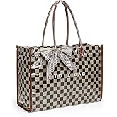 Lushandy PVC Tote Bag for Women, Large Plastic Tote Purse Work Kraft Paper Letter Print Shoulder Bag Carry All Hobo Handbag