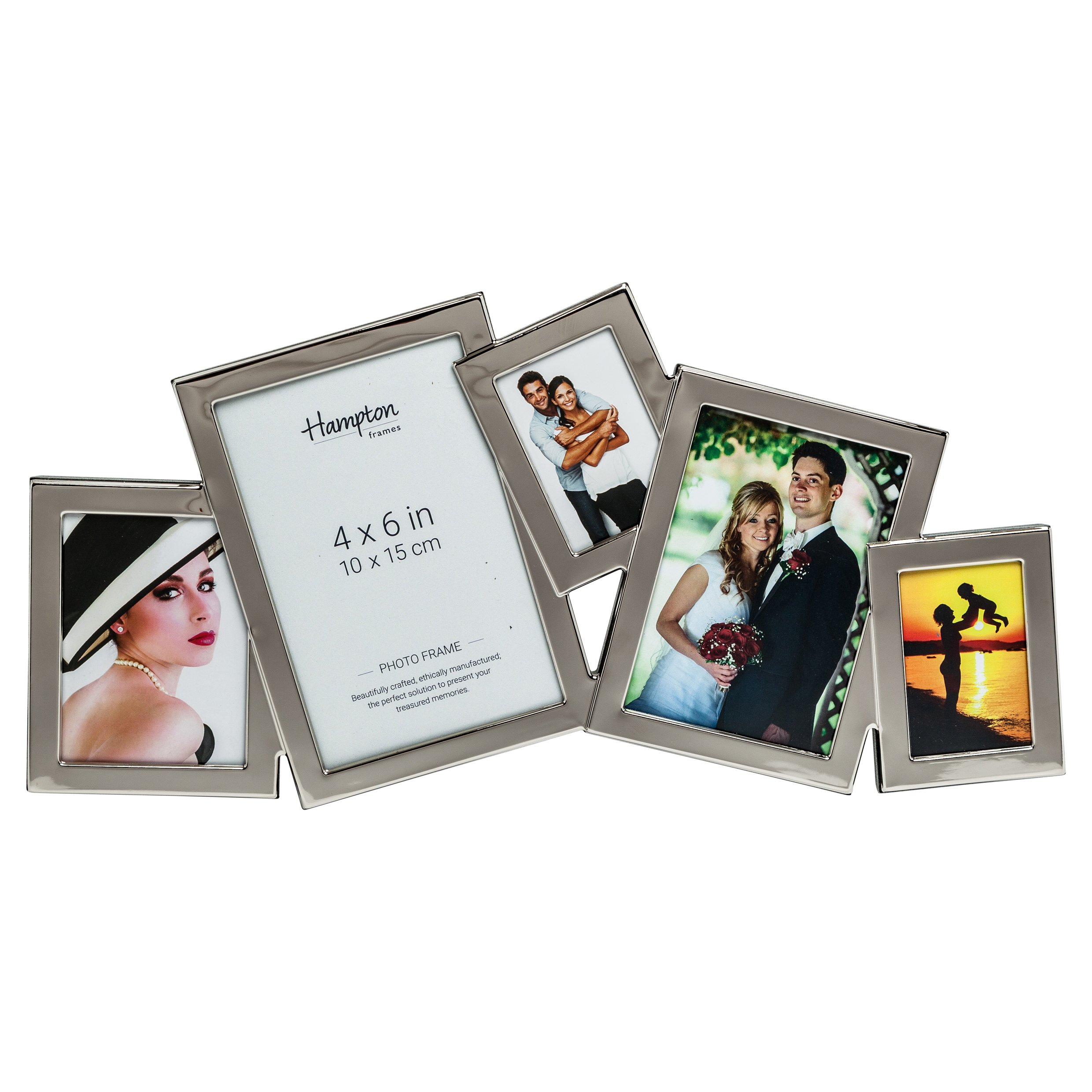 Hampton Frames | Multi Aperture Photo Frame | 5 Aperture, Silver, Metal | Overlapping design, bevel-edged glass, velvet back, wall or freestanding | Display multiple photos