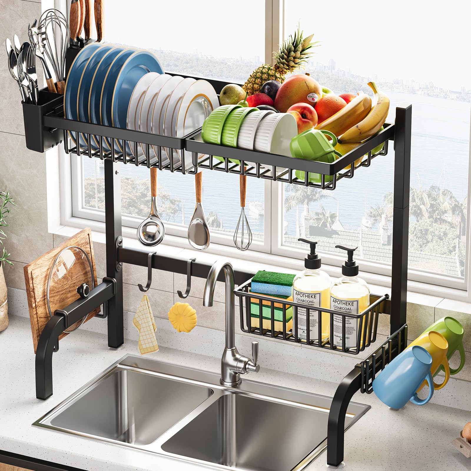 Photo 1 of Over The Sink Dish Drainer Drying Rack,Large Over Sink Dish Drying Rack, 2 Tier Dish Rack Over Sink Counter with Storage Baskets,Above Sink Dryer Racks with Adjustable Size L(25.19"-37.4")*H25.19"