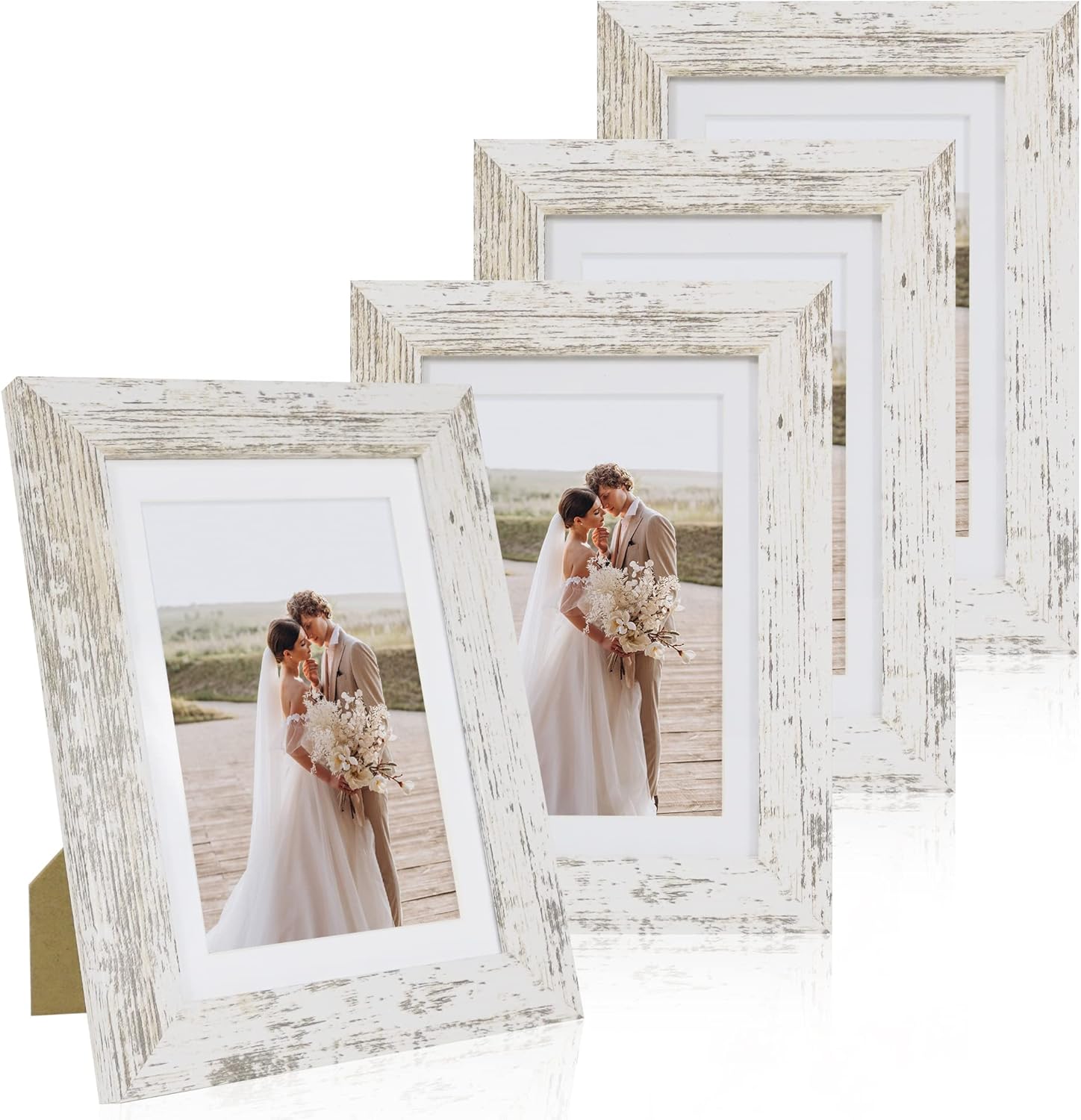 Photo Albums, Frames & Accessories - Hongkee 5x7 Picture Frame Set of 4, Made of Real Glass and Distressed White Wooden Frame, 5 by 7 Photo for Wall or Tabletop - Display Picture 4x6 with Mat or 5x7 Without Mat