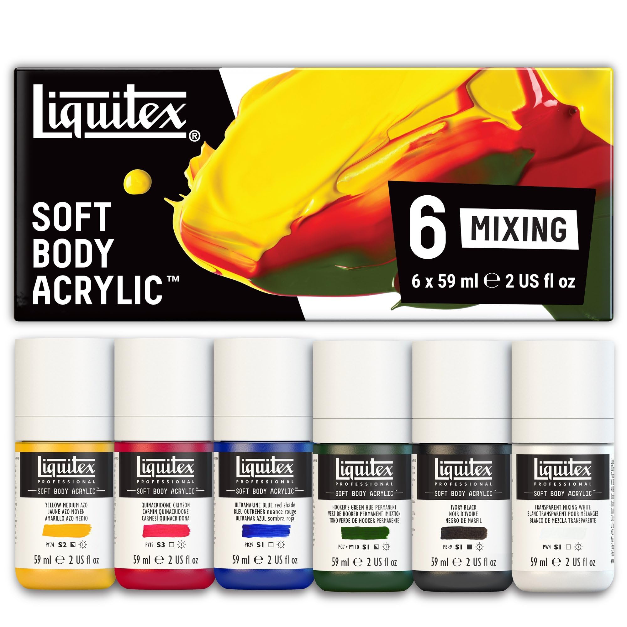 Liquitex 3699320 Professional Soft Body Acrylic Paint with High-Quality Pigments, High Colour Brilliance, Lightfast, Opaque, Waterproof and Environmentally Friendly, Acrylic Set 6 Colours in 59 ml