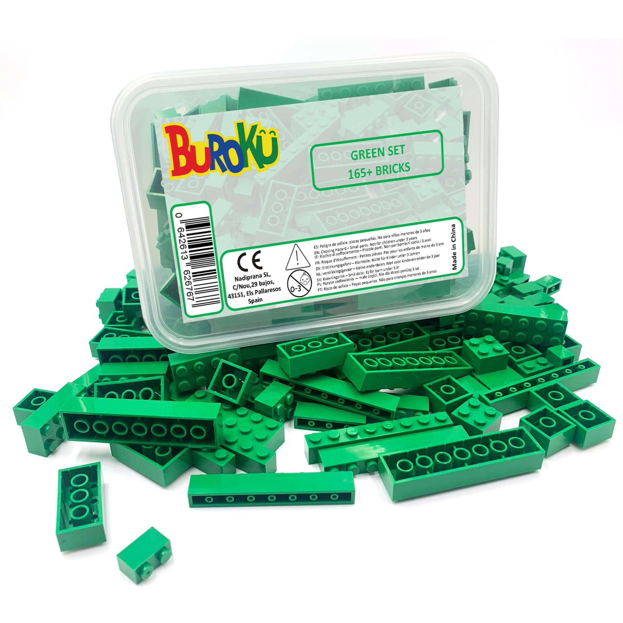 Buroku Green Set – Pack of 165 Green Building Bricks – Large Pieces Only – Compatible with All Brands – Age 3+