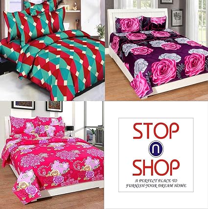 STOP N SHOPP Cotton King Size Double Bedsheet Combo with 6 Pillow Covers (Multicolour, PACKOF3_10) - Set of 3