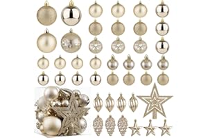 KRISDECOR Christmas Ball Ornaments - 43pcs Shatterproof Christmas Tree Decorative Hanging Ornaments with Loop for Xmas Holiday Party Wreath Home Decoration, Champagne(Combo of 10 Ball and Shaped Styles)