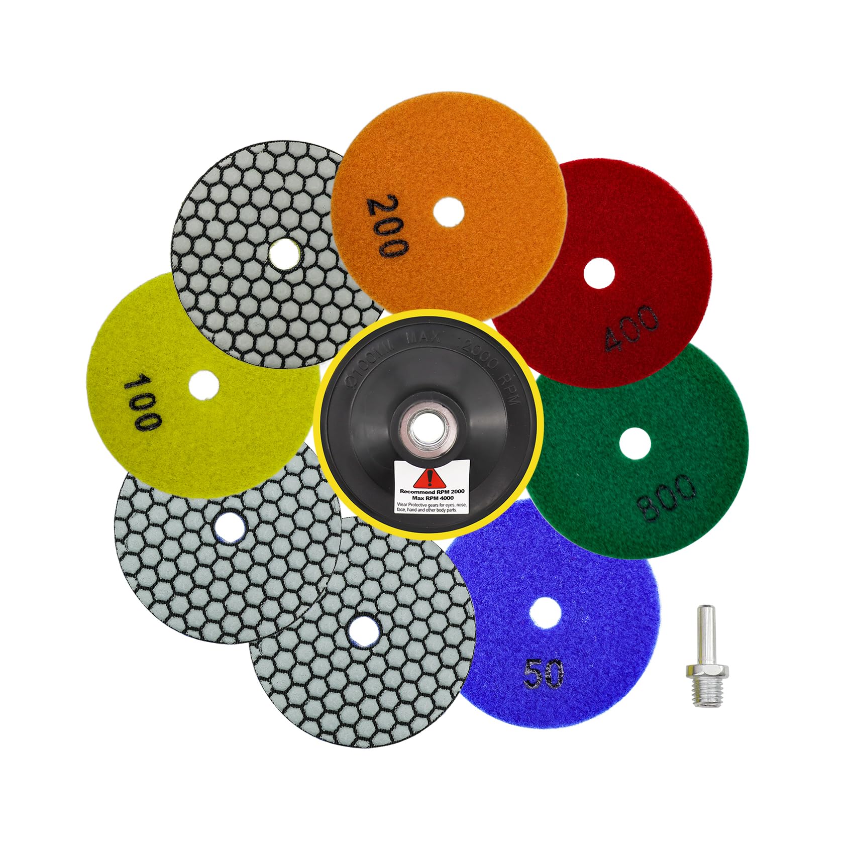 QUEFORET Diamond Polishing Pads Set - 10pcs (8x100mm Dry Sanding Discs: 3xGrit 50, 2xGrit 100, 1xGrit 200/400/800), M14 Thread Backing Pad & Adapter for Granite, Marble, Quartz, Artificial Stone