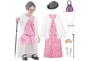 Aimeiar Kids 100 Days of School Costume for Girls, Old Lady Costume wig cardigan sweater and Granny Grandma Set for Child
