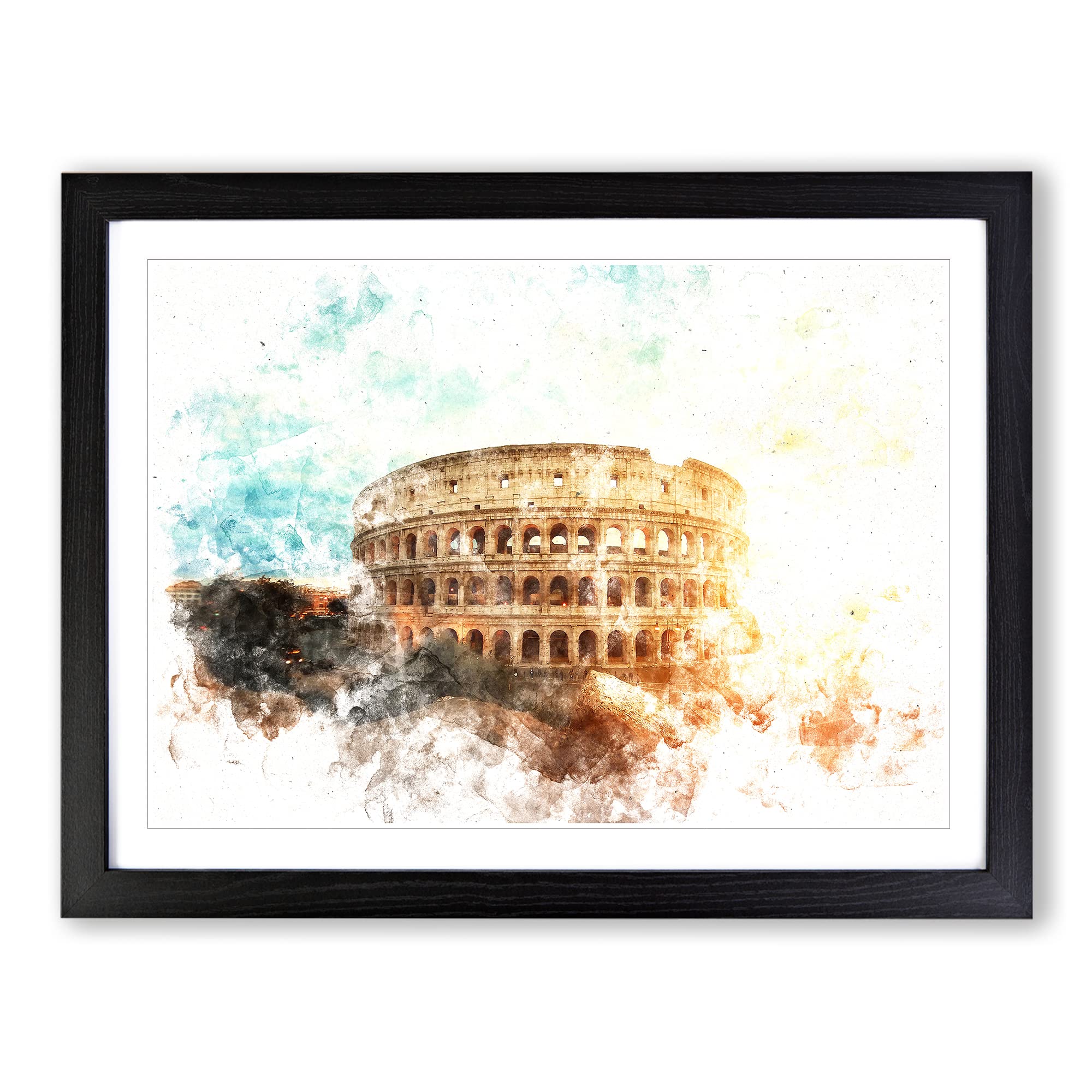 The Colisium In Rome Italy Watercolour Modern Framed Print | A4 Black Framed Wall Art | Ready to Hang | Modern Historical Picture | Living Room Bedroom Lounge Office